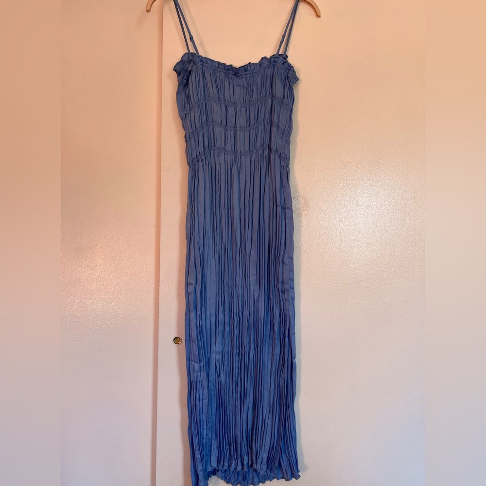 Blue Plisse Ruched Midi Cocktail Dress with side slits